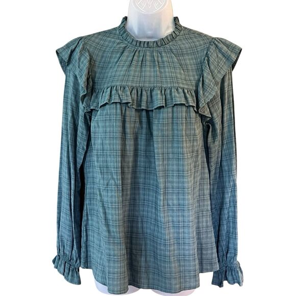 Universal Threads Green/Blue Plaid Ruffled Shirt Sz Small Prairie Cottagecore - Picture 12 of 14